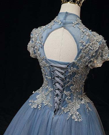 Light Blue High-Neck Tulle Ball Gown Wedding Dress - Embellished Wedding Dress - Aline Ball Gown Wedding Dress Plus Size